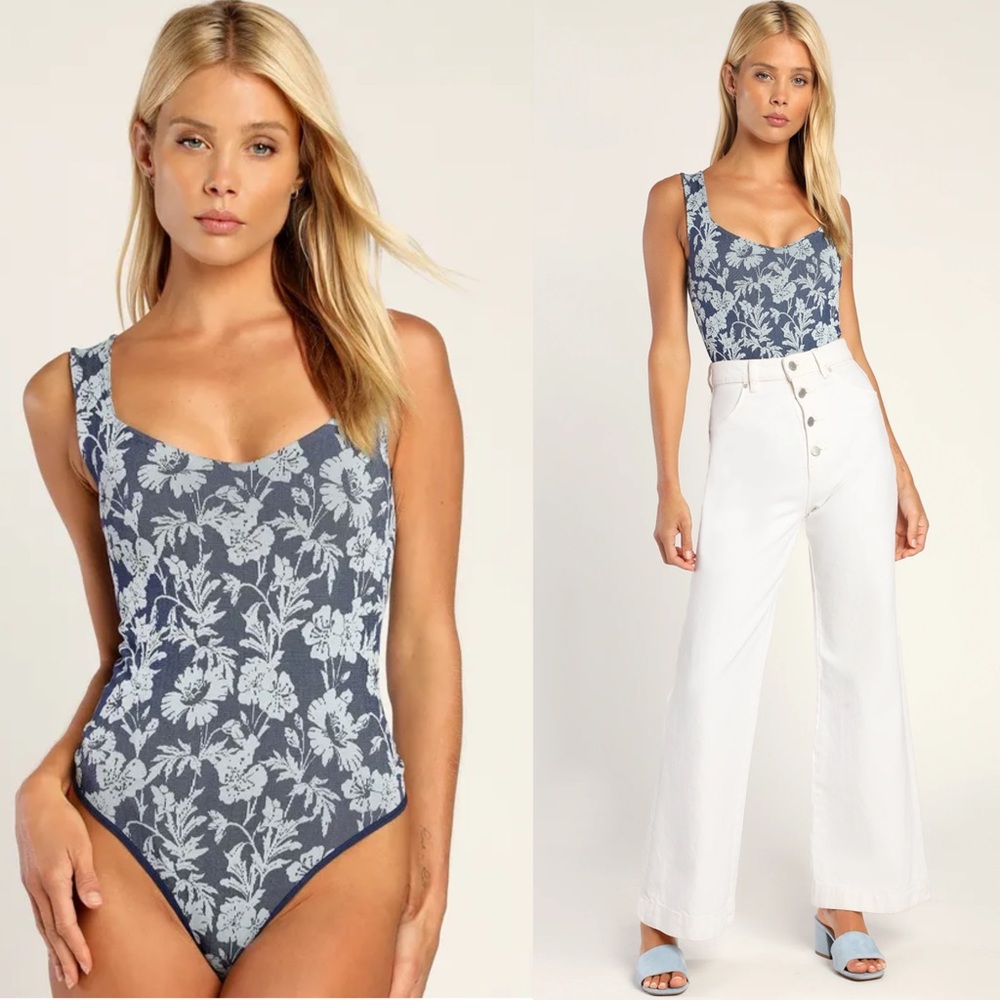 NWT Free People Printed Clean Lines Blue Floral Print Sleeveless Bodysuit